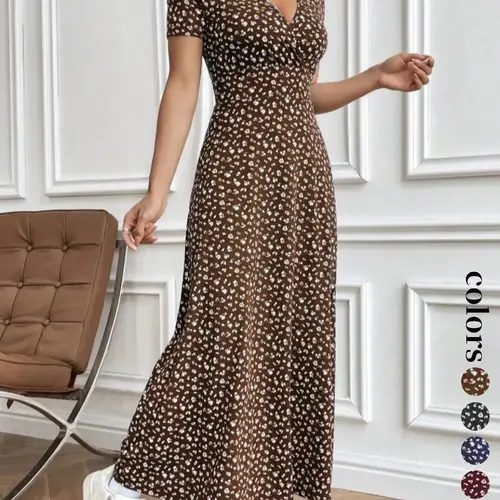 Women's Ditsy Floral Print V Neck Maxi Dress, Elegant Casual Short Sleeve Dress for Holiday Vacation Daily Wear, Ladies Clothes for Summer