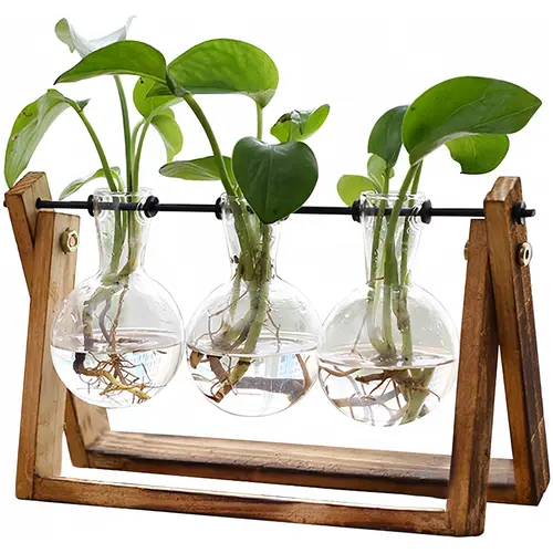 3-Bulb Vintage Glass Vase Plant Terrarium with Wooden Stand, Metal Swivel Holder, Air Planter - Hydroponic Suitable for Birthday, Thanksgiving, Anniversary Room Decor, Artificial Flowers Display, Home Enthusiasts