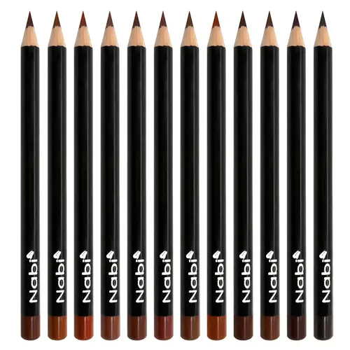 NABI Lip Liner Pencil Set - 12 BROWN COLOR TYPE-A- 12 Shades of Brown 5.5" , 12 RED COLOR -12 Shades of Red 5.5" - Long-Lasting Matte Lip Definition with Beeswax & Mineral Oil for Smooth Application