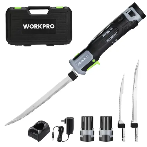 #fathersdaygift WORKPRO 12V Cordless Electric Fillet Knife with 8"& 10"Razor-Sharp Blades, Cordless Fillet Knife with Non-slip Grip Handle and Safety Lock, 2 Rechargeable Battery Packs, 1 Quick Battery Charger, and 1 Storage Carry Case for Fishing