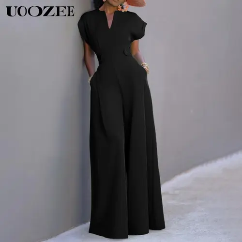 UOOZEE Women's Elegant V-Neck Jumpsuit with Cap Sleeves, Stylish Wide Leg Polyester Overall for Formal Events,back to school shopping, Elegance, Stylish Jumpsuit,clothes for back to school,first day of school outfits