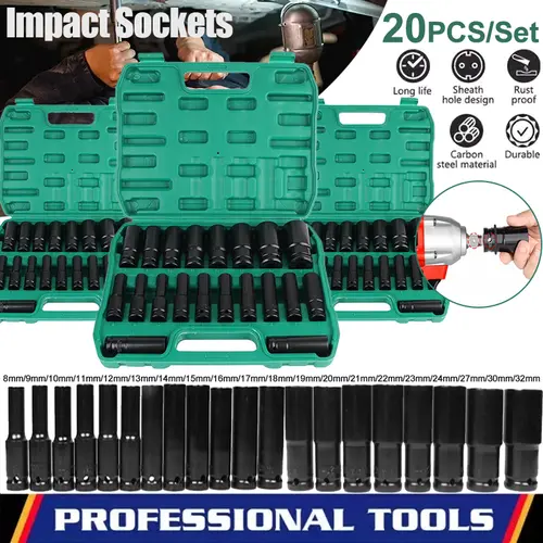 1/2" Drive Impact Socket Set, 20Pcs Drive Master Deep Impact Socket Set 8mm - 32mm, Metric, 6 Point, with Impact Driver Socket Extension Bar for Home Car Repair