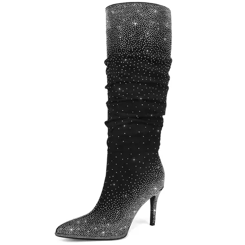 RONILURN Women's Rhinestone Knee-High Slouchy Tall Boots, Pointed Toe High Heel Wide Calf Glitter Stilettos, Pointed Boot Shoe for Women