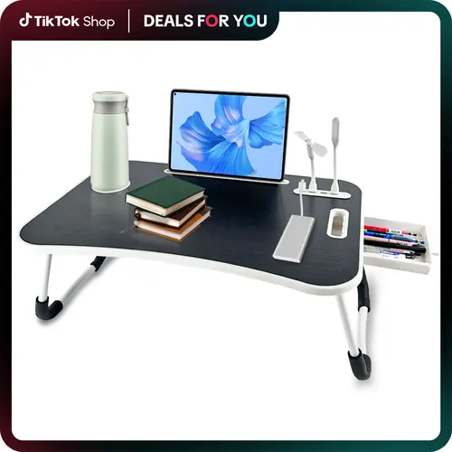 Oversized Wooden Foldable Durable Portable Lapdesk - Desk with Drawers, Adjustable Work Table, Drawer Storage Organizer, Bed-Ready Workspace with Cup Holder, USB Fan, Light, Tiltable Tabletop, Modern Sleek Black for Bed, Sofa