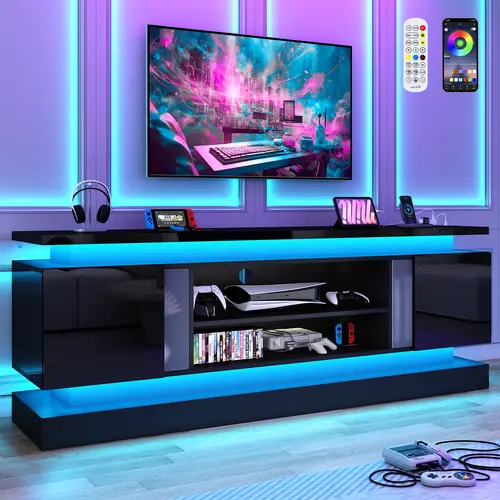 70"/ 81"Modern TV Stand with LED Lights & Built-In Power Outlet – High Gloss Media Console for TVs Up to 80", Gaming Entertainment Center,  for Living Room,Bedroom, Tv Console Table, Led Tv Stands, Hd Tv Stands & Multimedia Centres, High Definition Tv Sta