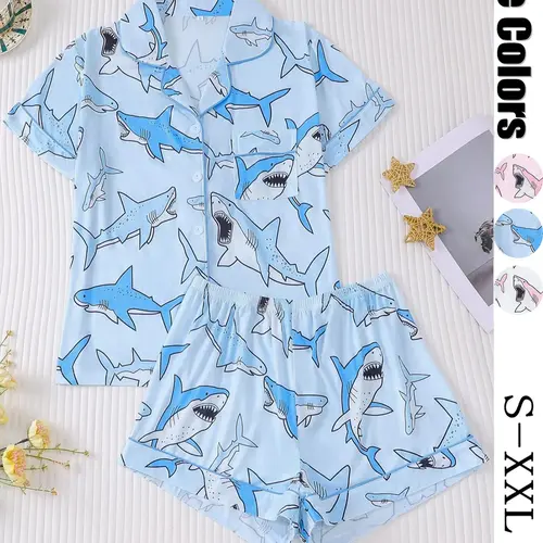 Women's All Over Animal Print Crop Shirt & Elastic Waist Shorts Two-piece Set, Casual Comfy Short Sleeve Top & Shorts Set, Ladies Sleepwear for All Seasons, Pajama Suit
