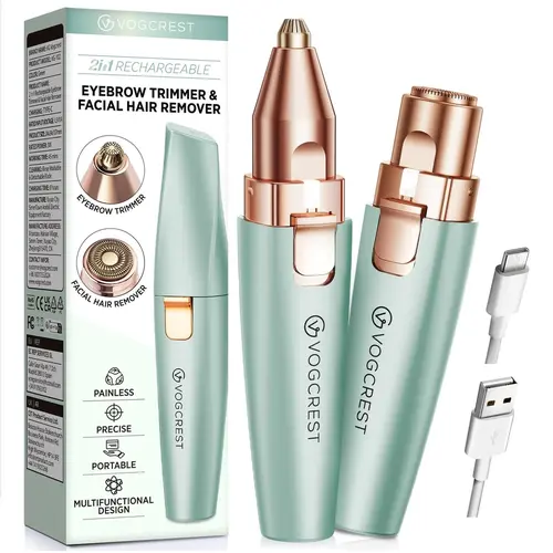 VG VOGCREST 2-in-1 Facial Hair Remover & Eyebrow Trimmer for Women, Painless Precision Cordless Face Shaver with LED Light, USB Rechargeable (Pastel Green), Face Shavers, Portable Shaver