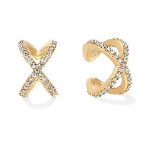 PAVOI 925 Sterling Silver 14K Gold Plated Cubic Zirconia Sparkling Round Huggie Ear Cuff Gold Earrings for Women - Clip On Cartilage