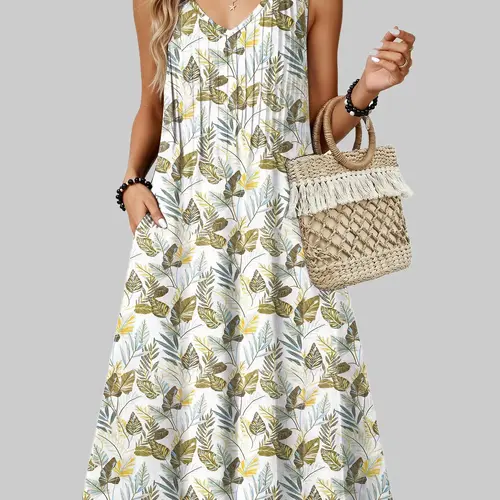 Zeagoo Live Women Summer Casual Dress 2025 Sleeveless Midi Swing Tank Sundress with Pockets V Neck A Line Pleated Tshirt Dress summerwins
