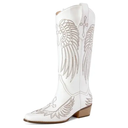 RONILURN Women's Knee-High Cowboy Boots - Pull-On, Square Toe, Low Chunky Heel, Retro Embroidered Comfortable Dress Footwear for Western Style (Shoe)