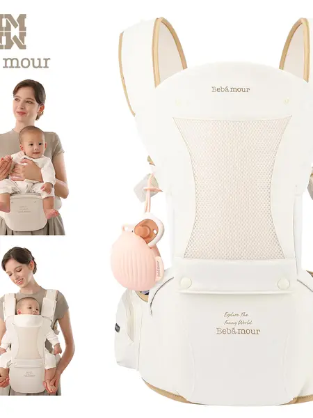 BEBAMOUR Adjustable Ergonomic Baby Carrier with Hip Seat, All-Position Breathable Mesh for Newborn to Toddler, Hands-Free Design with Hood & 3 Teething Pads, Hands Free Carrier, Adjustable Ergonomic Carrier
