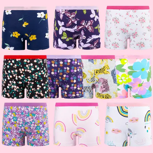 Big Elephant Girls 10-Pack Cotton Underwear, Girly Print Stay-Put Boy Shorts, Soft Breathable Essential Shorts for Kids 3T-10Y
