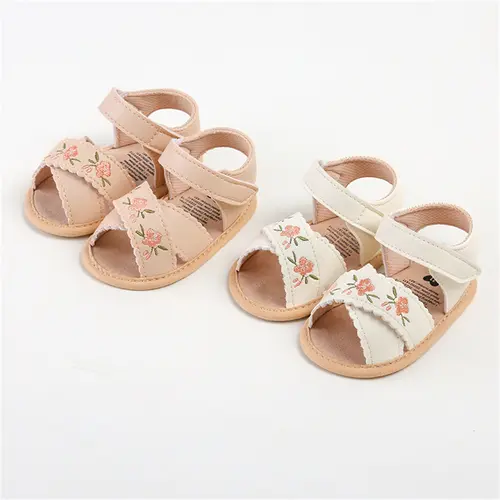 [Lullaby] Baby Girl Casual Flats - Flexible PU Leather, Non-slip, Embroidery Flower Summer Kids Shoes for 0-18 Months, Flexible Fit Daily Wear, Flower Pattern, Playful Baby Girl's Shoes, Casual Prewalker Shoes, Prewalker Toddler Leather