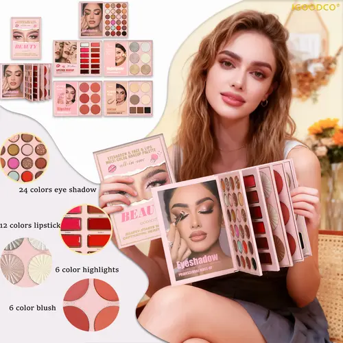 Igoodco IG3130 Multicolor Eyeshadow Palette - High-Pigment Pearl, Glitter & Matte Sequins, 12+6+6 Set with Lipsticks, Highlighters, Blush, Beauty Products for Stage Use, Ideal Gifts for Women