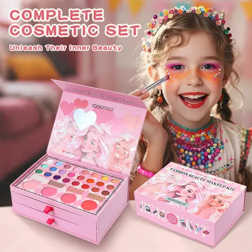 Igoodco Kids Makeup Set Kit - Gift-Ready Cosmetic Ball, Eyeshadow & Powder Bundle Gift Box, Girls' Present for Birthday & Children's Day, IG3145, Cosmetics Kit