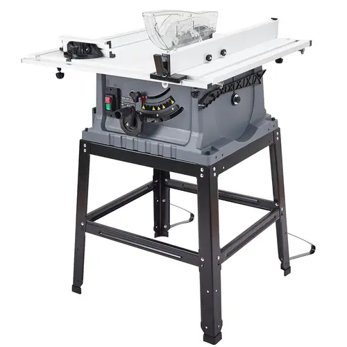 GARVEE 10-in Wood Cutting Machine, 15A (1800w) Motor Table Saw with 5000 RPM, Carbide Saw Blades, Push Stick, 0-45° Bevel/90° Cuts, Metal Stand & Transparent Guard for Outdoor Woodworking Projects (Professionals)