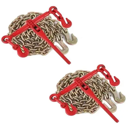 【GARVEE】2-Pack Heavy Duty Grade 70 Steel Binders & Chains Set - 5/16"-3/8" and 3/8"-1/2" Load Binders, 2 10ft Chains, 14" Easy Leverage Grappling Hook, 27,600 lbs ABS, for Towing, Industrial Applications
