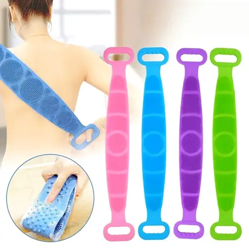 Silicone Exfoliating Body Scrubber & Back Brush - Long Double-Sided Shower Bath Tool with Non-Slip Grip, Ergonomic Handle, Soft Bristles for Deep Cleansing, Massage, Selfcare, Bathroom Supplies