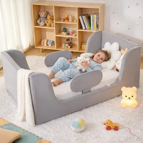 ABORON Velvet Wood Toddler Floor Bed Frame - Standard Crib Size, with Removable Guard Rails, Detachable Legs, Soft Foam & Thick Sponge Padding, Cute Certified Fabric Bed for Kids - TikTok Shop Back to School, Toddler Bed, Soft Foam Padding