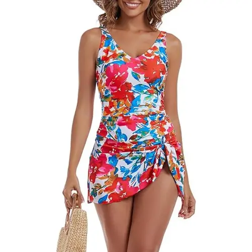 Aidonger Women's Summer Shape Wear 1-Piece Skirted Swimdress - Elastane, Tummy Control, Sculpting Waist, Tie Knot Hem, Full Coverage, Hugs Curves, Long Torso Beach Swimwear, Ruched Waist, Wide Padded Straps, Cold Wash, Hand Wash Only, Float‑Safe Skirt, Ch