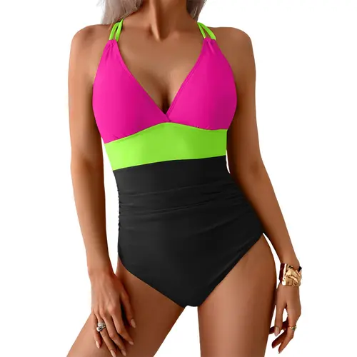 Aidonger SummerVibes Women's One Piece Color Block Swimsuit Tummy Control Slimming Bathing Suit V Neck Cutout High Waisted Swimwear