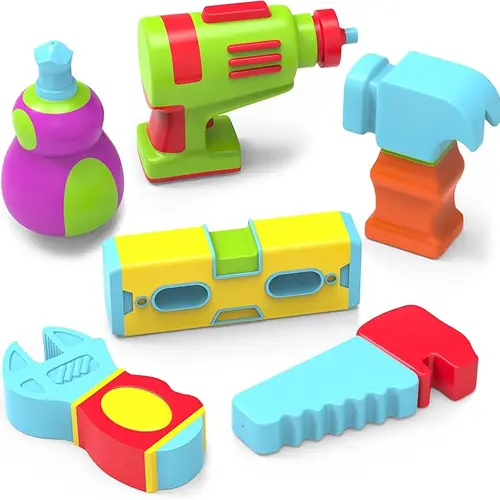 Tub Works Kids-Safe Bath Tools Set (6-Pack) - Sealed No-Hole Mold-Free, Moisture-Resistant Soft Squeezable Floating Easy-Grip Baby/Toddler Toys with Hammer, Wrench, Level, Drill, Saw, Screwdriver for Bathtime Fun