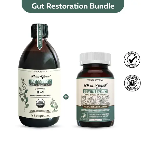Gut Health Bundle | Triquetra Flora Biome Probiotic, Prebiotic, & Postbiotic 10 Probiotic Strains, 18 Fermented Herbs + Flora Digest Digestive Enzymes 30 capsules + Free Measuring Shot Glass | Support a healthy microbiome