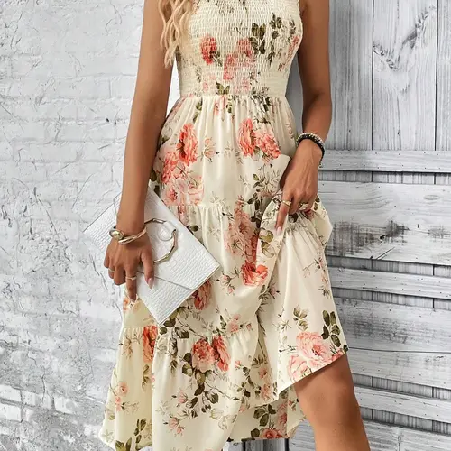 Women's Floral Print Frill Trim Shirred Ruffle Hem Tank Dress, Bohemian Style Sundresses, Boho Sleeveless Round Neck A-Line Dress for Beach Holiday Vacation, Ladies Summer Casual Clothes, Bohemian Casual Wear, Midi Dress