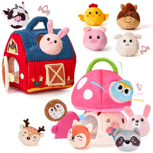 hahaland Surprise Barn Baby Toy with 6 Plush Animal Pals, Bunny Mushroom - Rattle, Crinkle Paper, Mirror, Montessori Developmental Travel Sound Toy for 0-3/6-12 Months Gift, Nursery Playpen Use