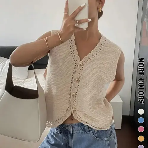 Women's Plain Basic Crop Fitted Sweater Vest, Casual Knitted Sleeveless Cropped Knitwear for Spring & Fall, Fashion Women's Knit Clothing for Daily Wear, Knit Vests, Tops, Womenswear