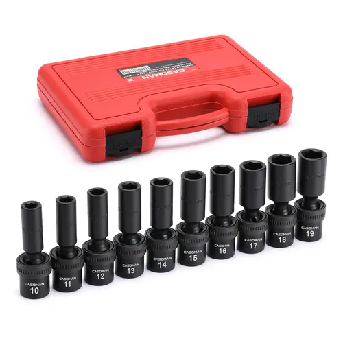 CASOMAN 10-Piece 1/2" Drive Deep Universal Swivel Socket Set, Chrome Moly Millimeters 10-19mm Mechanic Tools, Car Accessories, Flex Head Multi-Size Universal Ratchet Tool Box Add-on