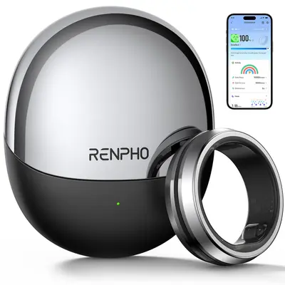 RENPHO Lynx Durable Round Wearable Smart Ring, Fancy Gift for Gym Use, Heart Rate Blood Oxygen Stress Monitor, Sleep & Fitness Tracker, Subscription-Free App, Titanium, Size First with Sizing Kit