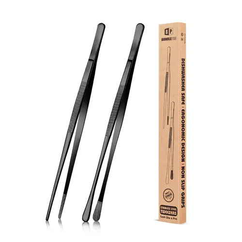BUNDLEPRO 2-Pcs Sturdy 10 In Stainless Steel Kitchen Tweezers Set - Fine-Tip Tongs, Professional Long Cooking Tweezers for Grill, Round Barbecue Accessories, Girly Kitchenware Utensils