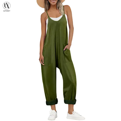 AUTOMET Women's Stylish Boho Jumpsuit, Loose-Fitting Acid Wash V-Neck Overalls, Cotton Blend Harem Pants with Pockets, Stylish Women's Wear, Female Stylish Clothes