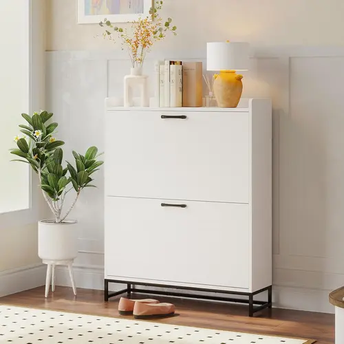 VOWNER Shoe Cabinet with 2 Flip Drawers , Contemporary Slim Shoe Cabinet with Adjustable  Shelves & Metal Legs, Freestanding Shoe Organizer with for Entryway, Hallway, Living Room, White shoe rack organizer