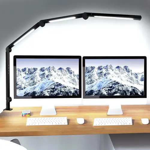 SEGRASS Clamp Base LED Desk Lamp - 4-Section Adjustable Swing Arm, 4 Color Modes, 5 Brightness Levels, Eye-Caring, Memory Function, Soft Lighting, Accordion Fold Reading Lights, Office Desk Accessories