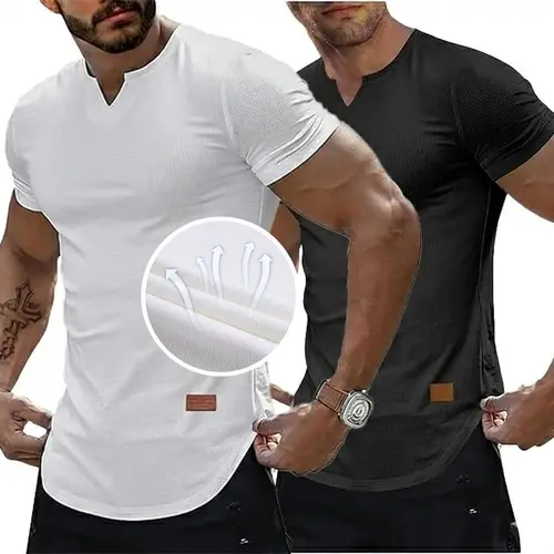 Royaura Men's 2-Pack Slim Fitting V-Neck Short Sleeve Jersey T-Shirts with Elastane, Minimalistic Universal Sport Activewear for Daily Wear & Gym Outfits, Men's Clothing Sports Top, Minimalistic Activewear