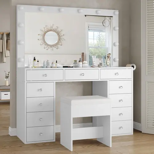 FUSOU 47" Glam Vanity Desk - 11 Drawers, Power Outlet, 12 LED Lights (3 Modes), Chair, Large Mirror Storage, Hair Dryer Holder - Space Saving Furniture for Makeup Organization, Wife's Dressing Rooms - Ships in 2 Packages, Engineered Wood