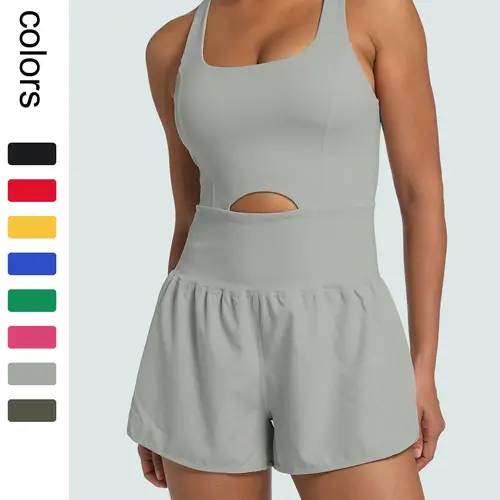 Women's Solid-Color Racerback Sports Romper with Removable Chest Pads, High Waisted Romper, Casual Comfy Breathable Sleeveless Jumpsuit for Yoga, Gym and Workouts, Stretch Sportswear for All Seasons, Sporty Romper