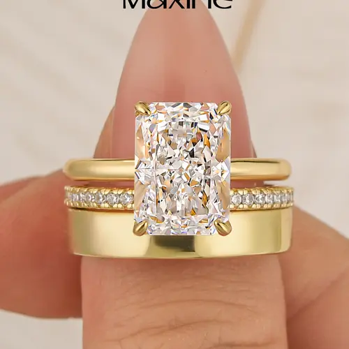 Maxine 14K Gold Plated 4.5ct Radiant Cut Wedding Ring Set,Stackable Thick Band,Solitaire Elongated Engagement Ring Set,Travel Friendly Daily Fine Jewelry