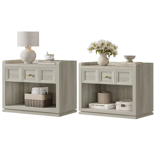 SICOTAS 31" and 26” Wide Nightstands Set of 2, Large Night Stands with Drawer, Oversized King Size Nightstand Bedside Table for Bedroom, Farmhouse End Side Table Set of 2 with Round Corners,Grey White Oak,Durable and Sturdy,dorm essentials,home decor