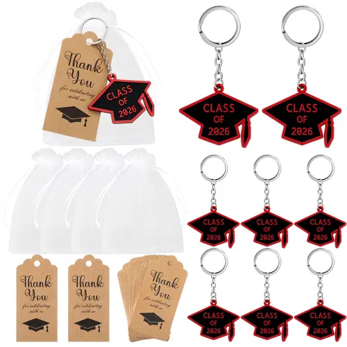 24 Sets Graduation Keychains for Bags, Class of 2026 Rubber Cap Shaped Party Favors for Graduates with Thank You Cards & Organza Bags, Keychain For Bags