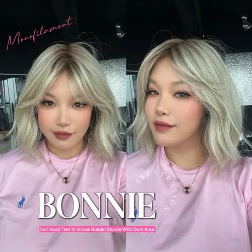 JBEXTENSION BONNIE MONO Full Monofilament Handmade Full Lace Full Hand Tied Wig 12 Inches Blonde With Dark Root Mono Lace Handmade Futura Fiber Glueless Wig BONNIE MONO【BENDY EAR TABS】