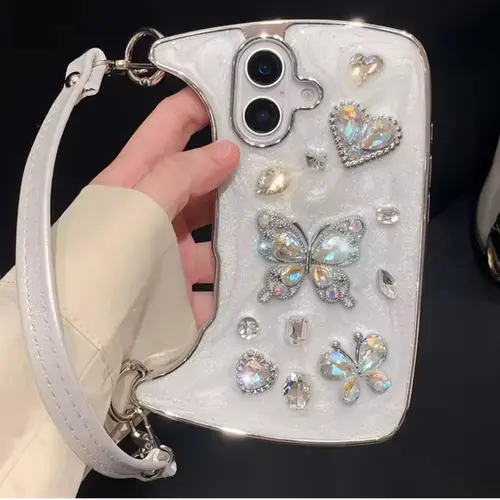 HISTORYOO ( Hand Lanyard ) Glitter Bling Diamond & Heart Sparkle Case for iPhone 17 Pro Max 16 15 14 13 Pro Max for Women Girls Crystal Handbag Wristband Bracelet Shockproof Cute Pretty Love Luxurious 3D Rhinestone Decorate Silicone Soft Shell Back Cover