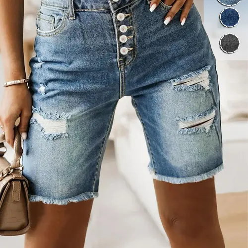 Women's High Waist Ripped Frayed Hem Denim Shorts, Shorts Jean, Casual Distressed Fit Design for Daily Wear, Summer