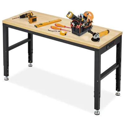 Heavy Duty Wood Workstation, 60" L x 24" W Elevating Computer Desk with Adjustable Desk Mount, 2000 Lbs Capacity, Smooth Surface, Power Outlets, Large Utility Table for Garage, Workshop