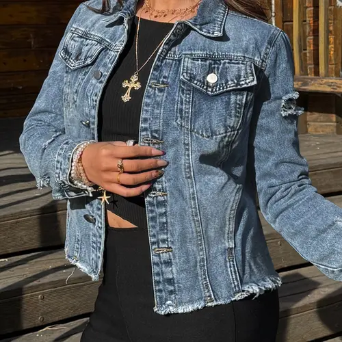 Plus-Size Fitted Solid Ripped Button-Front Collared Denim Shirt Jacket, Casual Long-Sleeve Pocket Outerwear for Summer Daily Wear