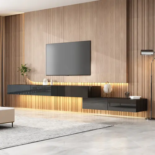FUFU&GAGA Floating TV Console Media Console with High Gloss Drawers & 3 Light Modes, Modern Wall Mounted TV Stand Floating Media Center for Living Room Black