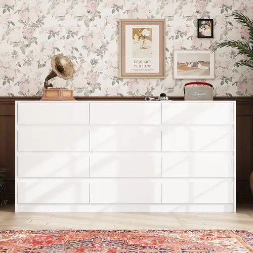 FUFU&GAGA 12-Drawer Double TV Stand Dresser - 63" Wide Waterproof MDF Wood Storage Furniture, Sturdy Easy-Pull Drawer Bedroom Dresser, TV Cabinet Storage Sideboard for Living Room Home Decor, Sideboard With Storage