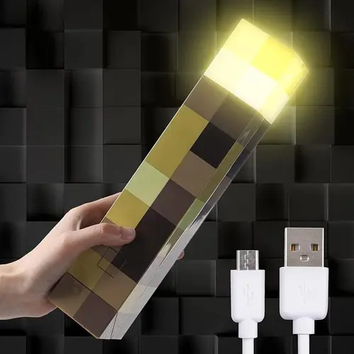 Upgraded Plastic Light-up Wall Torch - Pixel Brownstone Torch Lamp, USB Pluggable Night Light, Hand Held or Wall Mount Lighting, Easy to Clean Decorative LED Glowing Novelty Lighting